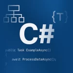C# programming language graphic showing the C# logo centered with icons representing object-oriented programming, generics, and async code on a blue gradient background.