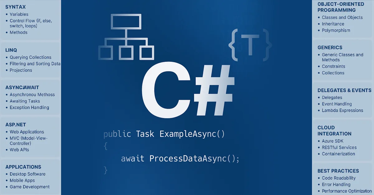 C# programming language graphic showing the C# logo centered with icons representing object-oriented programming, generics, and async code on a blue gradient background.